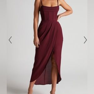 Andrina Midi Dress - High Low Wrap Midi Dress in Wine. Showpo size 4